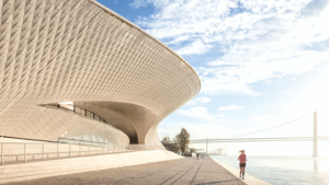Exterior of Fundação Champalimaud in Lisbon, highlighting its modern architecture and scientific research center